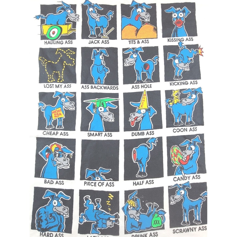 Vintage 1992 Fruit of the Loom Donkey Ass Puns Graphic T-Shirt 2XL Single Stitch
